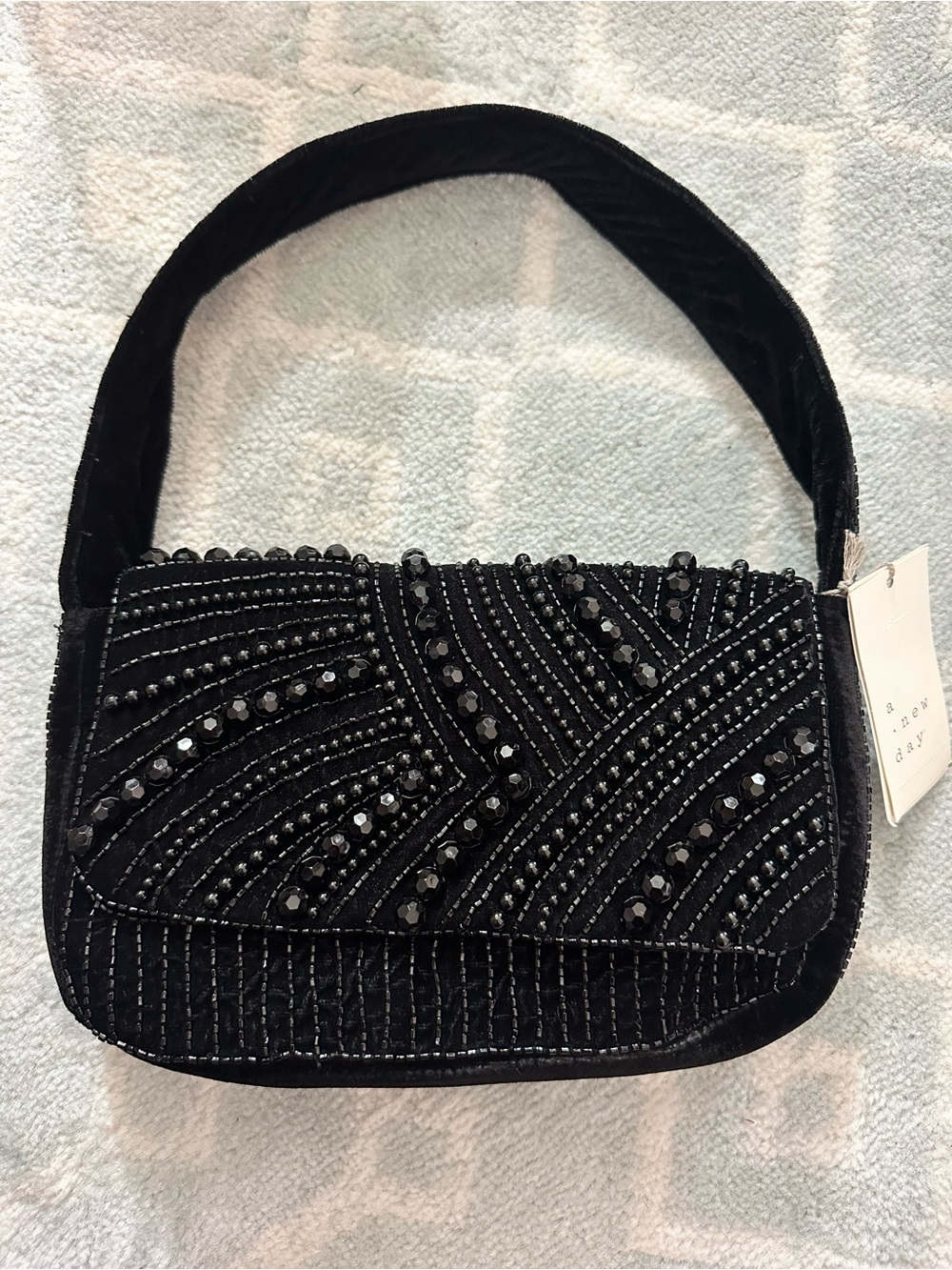 a new day Black Beaded Velvet Shoulder Bag